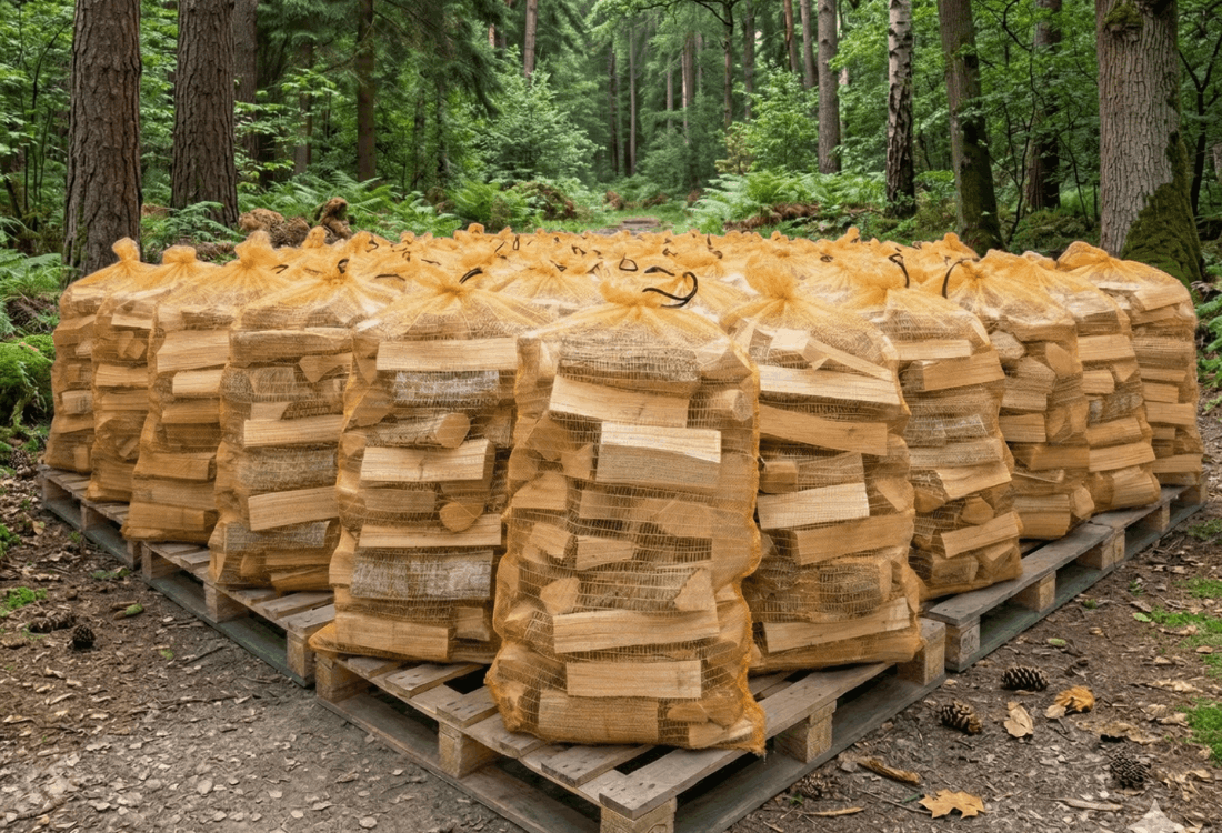 Bulk bags of neatly stacked firewood stored on pallets in a forest setting, illustrating large-scale preparation and storage for seasonal demand in firewood supply chains. 